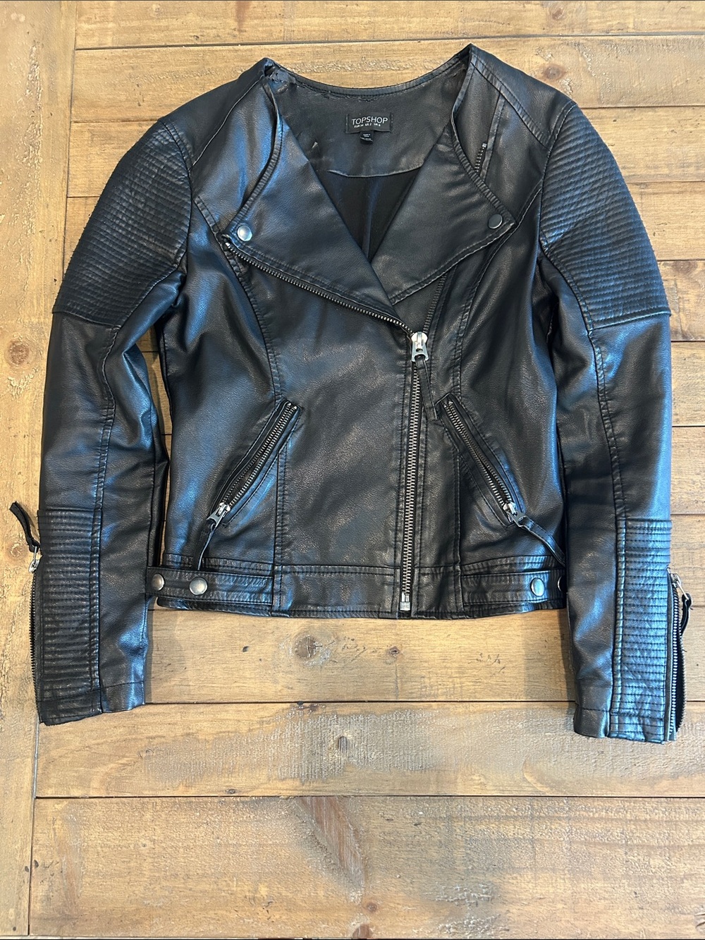 Topshop Black Faux Leather Moto Jacket with Quilted Sleeves